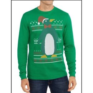 Dec.25th Mens Christmas Thermal Top Size M  Green Penguin Santa Hat
